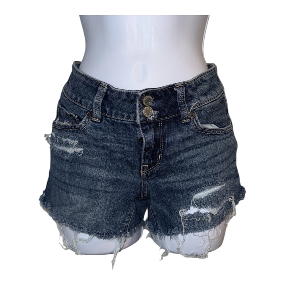 American Eagle Jean Shorts Stretch Denim Distressed Frayed Medium Wash Size 0